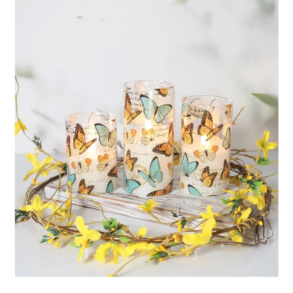 Crystal Club Glass Flameless Candles, Butterfly Decor Flickering Battery 009